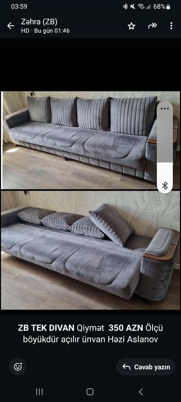 tek divanlar: Di̇van-kravat, Açılan, Bazasız, Vеlur parça, Çatdırılma yoxdur — 1