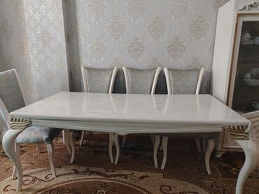 metbex stolu: Qonaq otağı üçün, İşlənmiş, Açılmayan, Dördbucaq masa, 6 stul — 1