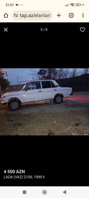 niva satisi: LADA (VAZ) 2106 – 1999 il, ağ rəngli sedan. Xüsusiyyətlər: - 4 qapı — 2