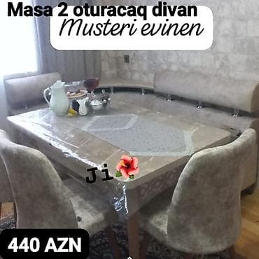 oturaca: Mətbəx/qarşılanma dəsti: masa + 2 oturacaqlı künc divanı və 2 stul. - — 1