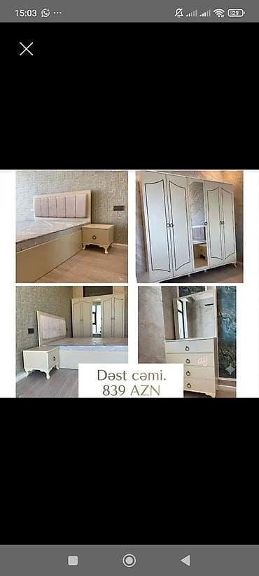 xonca desti: Yataq otağı mebel dəsti Dəst tərkibi: - Çarpayı: yumşaq başlıq, aşağı — 1