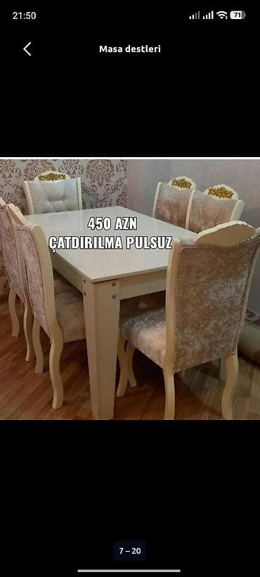 cay evi divan: Qonaq otağı üçün, Yeni, Açılmayan, Dördbucaq masa, 6 stul — 1