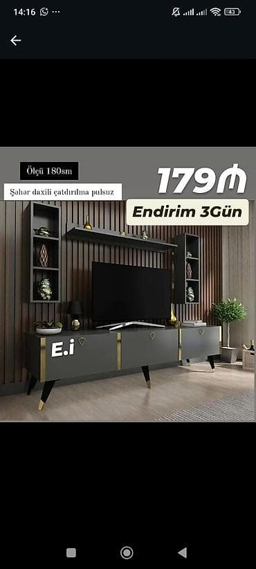 stend: TV stolüstü dəsti – 180 sm - Rəng: qrafit/qaranlıq boz, qızılı dekor — 1