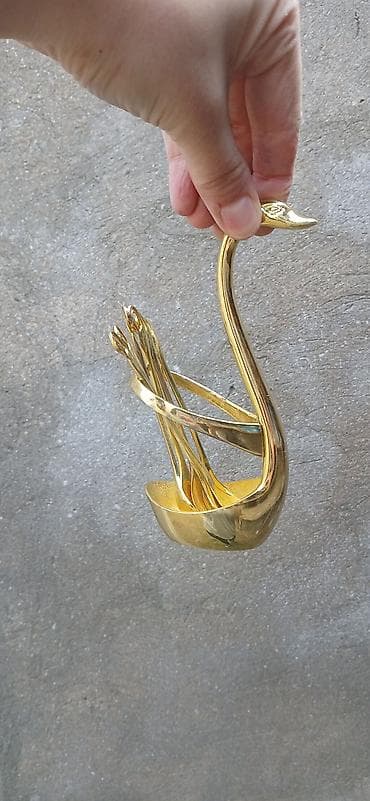 Столовые приборы: Qızılı rəngli “qu quşu” formalı mini qaşıq dəsti və stendi - Dəst: 6 — 2