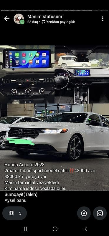 Honda Accord 2023 – 2 mühərrikli hibrid Sport model - Yürüş: 43,000 — 1