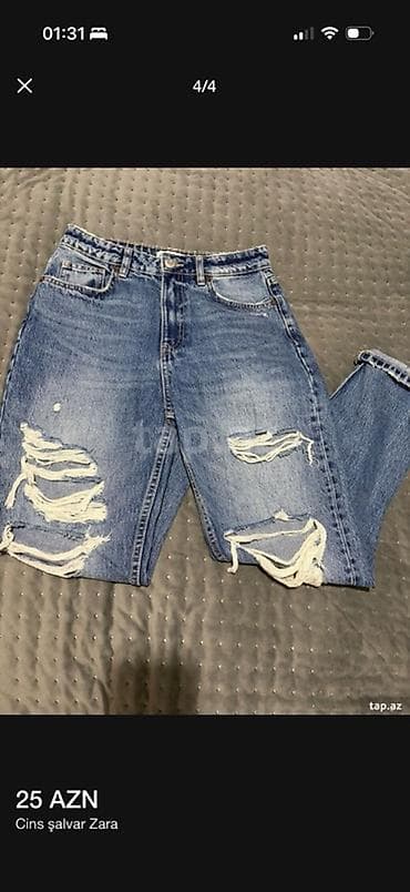 zara cins: Zara qadın cins şalvarı - Brend: Zara - Model: yırtıq detallı — 3