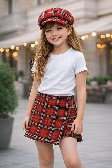 Uşaq geyimi və ayaqqabıları: Qırmızı rəngli, xətli (skotç) naxışlı qız uşağı üçün şprt ətək və — 4