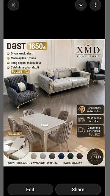 reception masa: Dəst – XMD Furniture • Dəbdəbəli salon dəsti: 1 divan + 2 kreslo • — 1