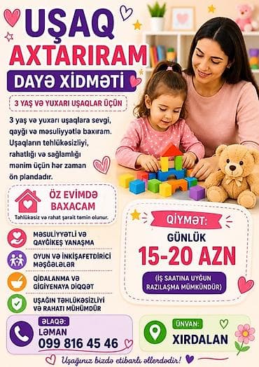Uşaq baxımı / dayə xidməti – Xırdalan 3 yaş və yuxarı uşaqlar üçün lalafo.az -da Uşaq baxımı / dayə xidməti – Xırdalan 3 yaş və yuxarı uşaqlar üçün