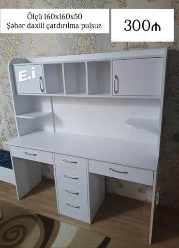 Ağ rəngli geniş iş/oxu masası - Ölçü: 160x160x50 sm (üzərində