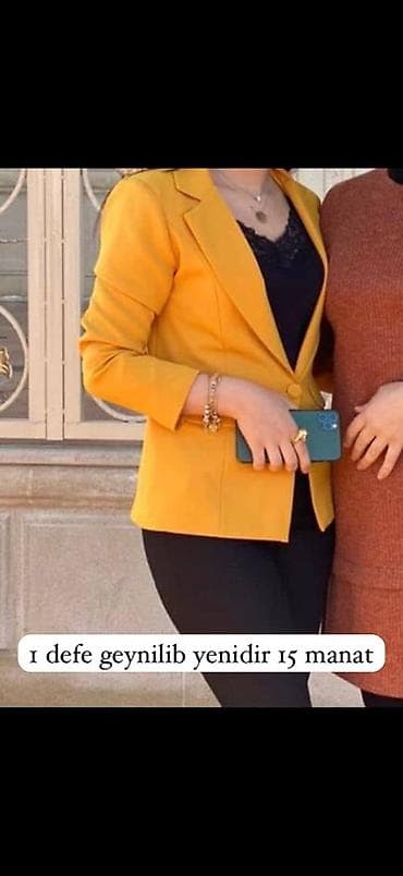 pencəy: Qadın üçün sarı rəngdə klassik blazer - Model: qısa kəsim, tək sıralı — 1