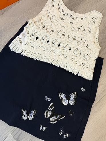 Boho tərz iki hissəli qadın geyim dəsti - Üst: Krem rəngli, əl işi — 1
