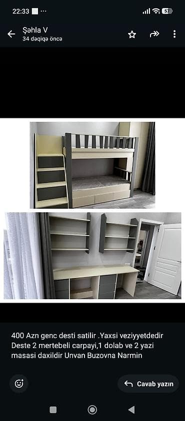 masa ders: 077 613 12 74 .Gənc otağı üçün mebel dəsti Tərkibi: - 2 mərtəbəli — 1
