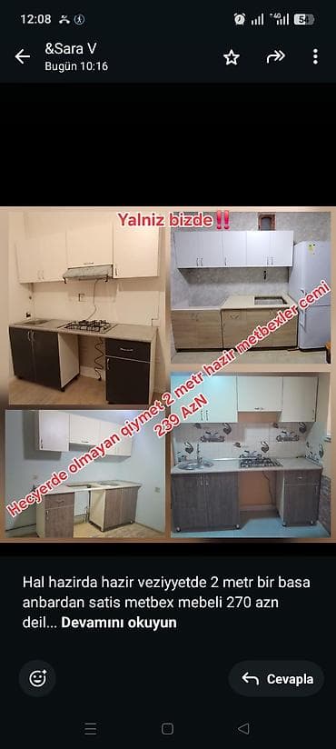 yellencek satilir: Hal hazirda hazir veziyyetde 2 metr bir basa anbardan satis metbex — 1