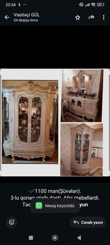купим вашу мебель: ✔️1100 man(Şüvəlan). 3-lu qonaq otağı dəsti. Ağır mebellərdi. Təcili — 1