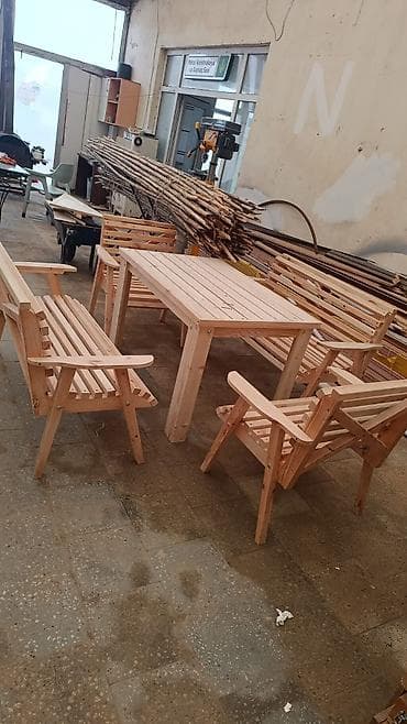bağ üçün əşyalar: Dördbucaq masa, Açılmayan, Skameykalar ilə, Taxta — 8