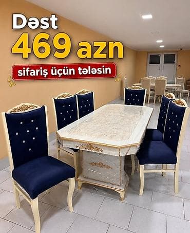 stol ustul: Yemək otağı dəsti – 469 AZN Tərkibi: - 1 ədəd uzun düzbucaqlı masa - — 1