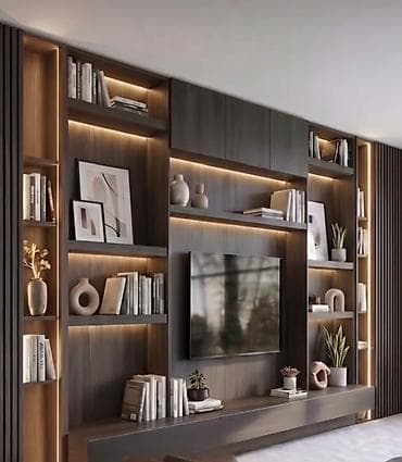 Məhsul: Elektrik biokaminli müasir TV divar paneli və saxlama sistemi — 9