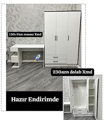 Məhsul: Ağ rəngdə yazı masası və 3 qapılı şkaf dəsti - Yazı masası