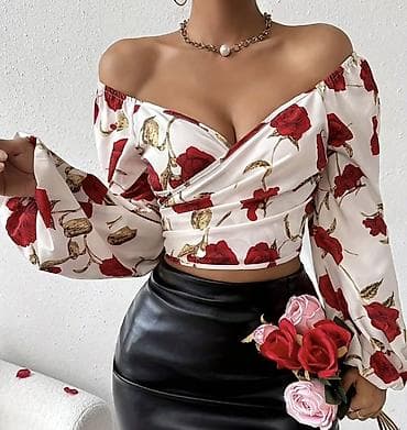 Qadınlar üçün çiyinləri açıq, çarpaz büstlü qısa bluz. xl-xxl ipek