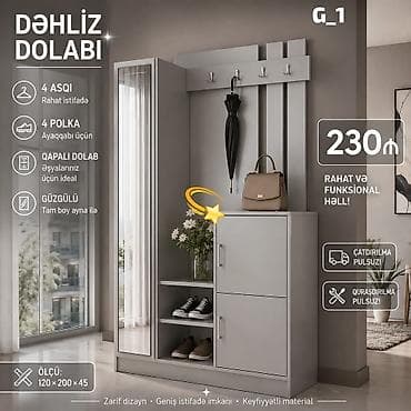 Dəhliz dolabı – G_1 model - Ölçü: 120 × 200 × 45 sm - Rəng: boz