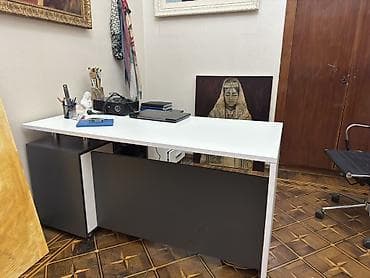 Офисные столы: Ofis üçün L formalı iş masası + stul - Rəng: ağ və qrafit/qaranlıq — 5