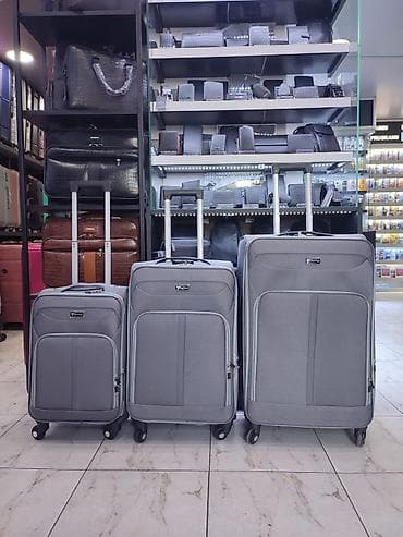 camadan: Gümüş-boz rəngdə 3-lü tekstil çamadan dəsti - Ölçülər: kiçik (kabinə — 1