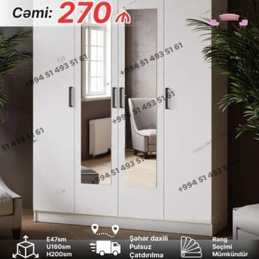 4 qapili dolab: Yeni, Açılan, 4 qapılı Düz dolab, Qarderob, paltar dolabı, Azərbaycan — 1
