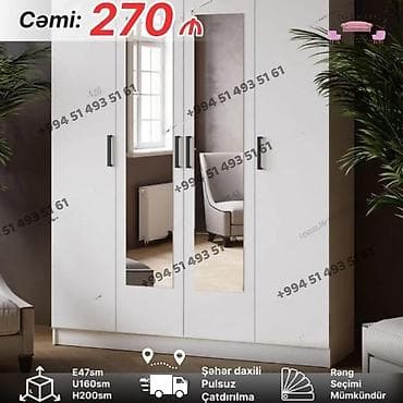 Yeni, 4 qapılı, Güzgülü, Ağ, Digər material, Açılan, Düz dolab