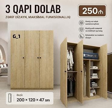 3 qapılı dolab – zərif dizayn, maksimal funksionallıq • Ölçü: 200 ×