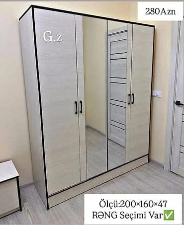 Yeni, 4 qapılı, Güzgülü, Digər rəng, Digər material, Açılan, Düz dolab