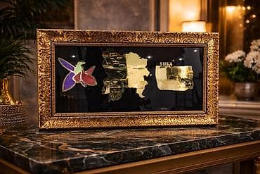 guzgu dekor: Qızılı ornamentli çərçivədə dekorativ kompozisiya - Dizayn: Şuşa — 1