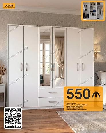 6 qapı, Güzgülü, Ağ, Digər material, Açılan, Düz dolab lalafo.az -da 6 qapı, Güzgülü, Ağ, Digər material, Açılan, Düz dolab