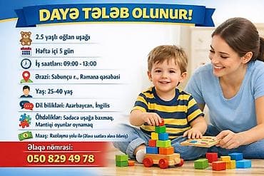 bakida daye is elanlari: Dayə tələb olunur, 30-45 yaş, 5/2 — 1