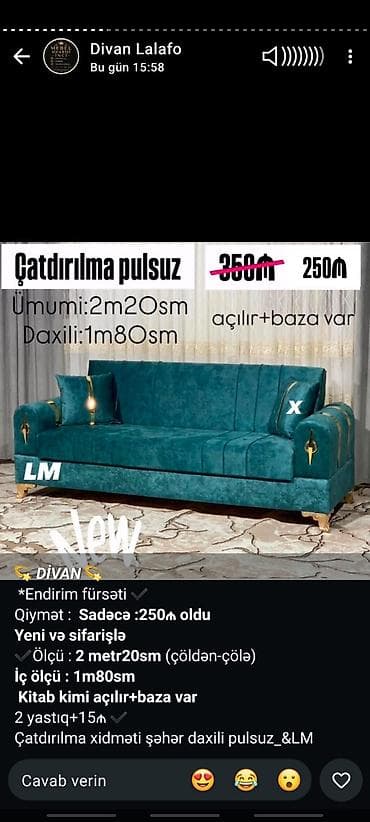 divan olcusu: Divan – açılır və bazalı model - Ölçülər: ümumi 2 m 20 sm — 1