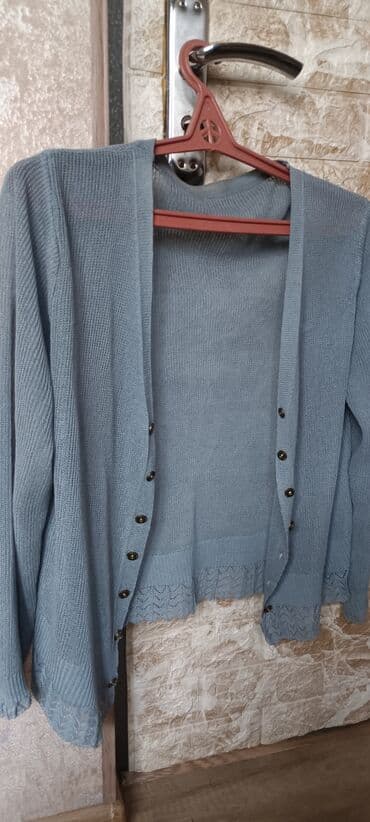 jaket toxumaq: Mavi-boz rəngdə nazik toxuma qadın kardiqanı. - Açıq önlü dizayn — 3