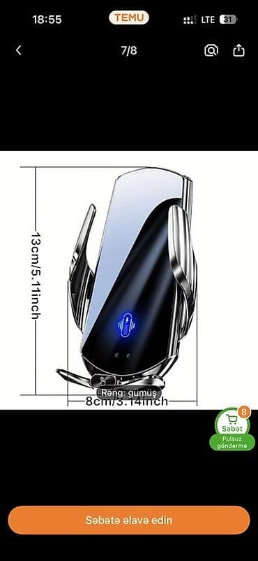 avto kredit: Avtomobil üçün simsiz şarjlı telefon tutacağı – rəng: gümüş Tecili — 3