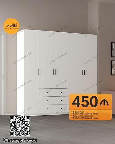 5 qapılı dolab – minimalistik dizayn, ağ rəngdə. Xüsusiyyətlər: -