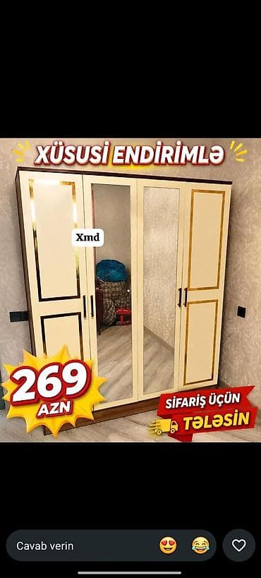tek taxt: Yeni, 3 qapılı, Güzgülü, Bej, Açılan, Düz dolab — 1