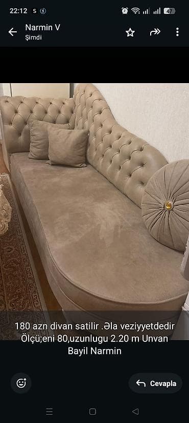Divanlar: 180 azn divan satilir .Əla veziyyetdedir Ölçü;eni 80,uzunlugu 2.20 m — 1