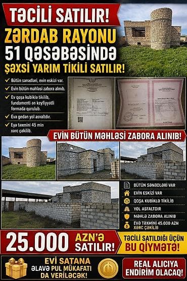 Təcili satılır – Zərdab rayonu, 51 qəsəbəsində şəxsi yarım tikili!