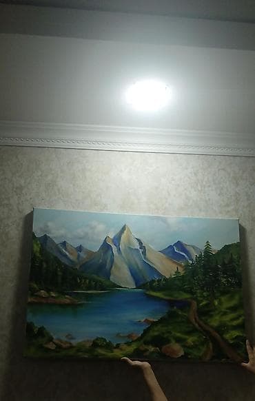 tarsofka boya: Mövzu: Yağlı boya peyzaj tablosu – dağlar, göl və meşə mənzərəsi - — 2
