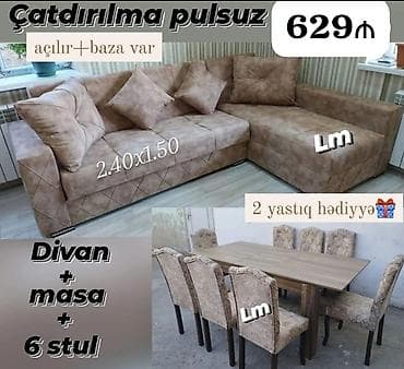 Divan və masa dəstləri: Divan + masa + 6 stul dəsti - Künc divanı: 2.40 x 1.50 ölçü, açılır — 1