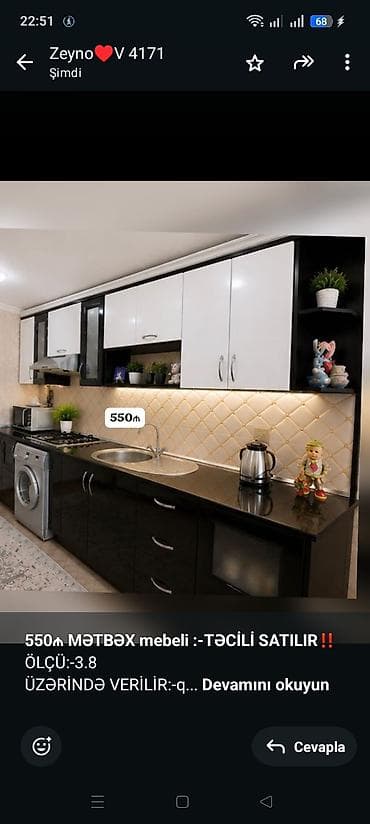 metbex mebel: *550₼ MƏTBƏX mebeli :-TƏCİLİ SATILIR*‼️ ÖLÇÜ:-3.8 ÜZƏRİNDƏ — 1