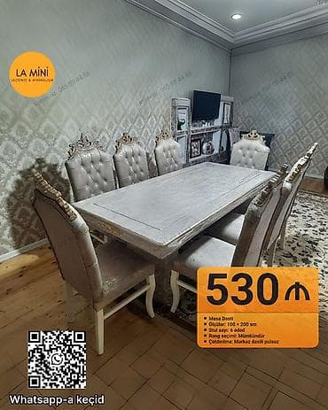 yemək stolu: Qonaq otağı üçün, Açılmayan, Dördbucaq masa, 6 stul — 1