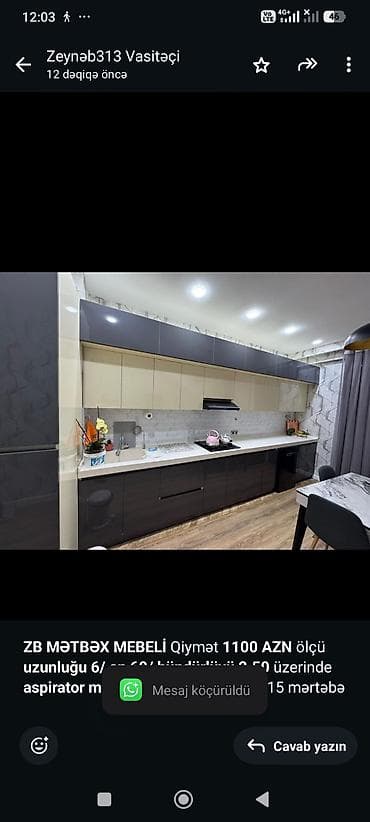 xan çinar: *ZB* *MƏTBƏX MEBELİ* Qiymət *1100 AZN* ölçü *uzunluğu 6/ en 60/ — 1