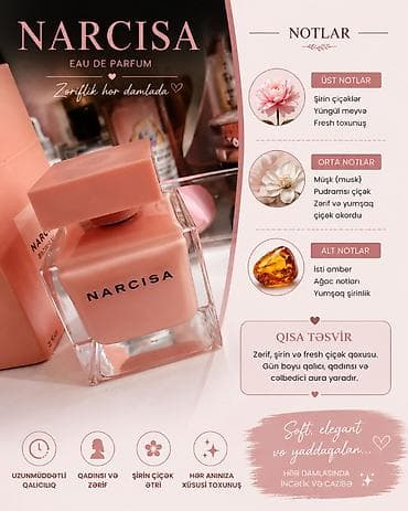 Narciso Rodriguez ambree 90 ml,qoxusu şirin çiçəkli dir,fresh etirleri