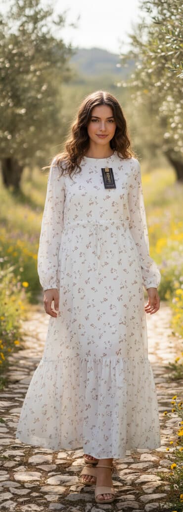 boyuk bədən paltarlar: Ağ rəngdə, xırda çiçək naxışlı uzun don. - Model: uzun, rahat — 1