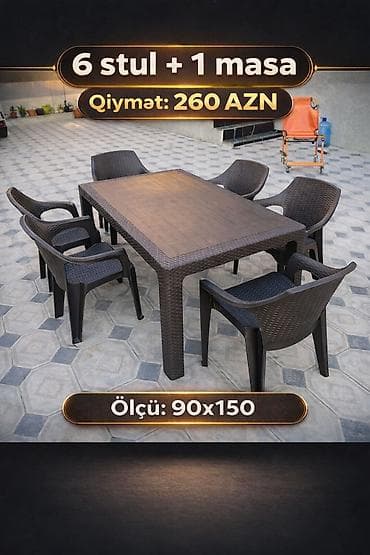 plastik: Plastik bağ-teras dəsti – 6 stul + 1 masa - Masa ölçüsü: 90×150 sm - — 1