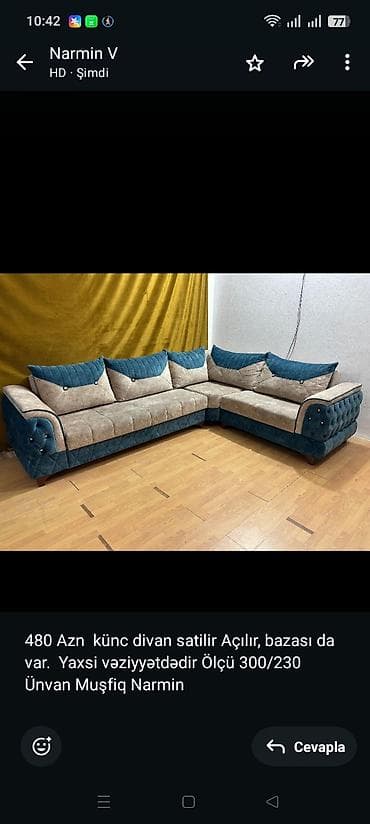 480 Azn künc divan satilir Açılır, bazası da var. Yaxsi